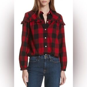 FRAME Ruffle Trim Buffalo Check Button Up Shirt In Hunter Red | M